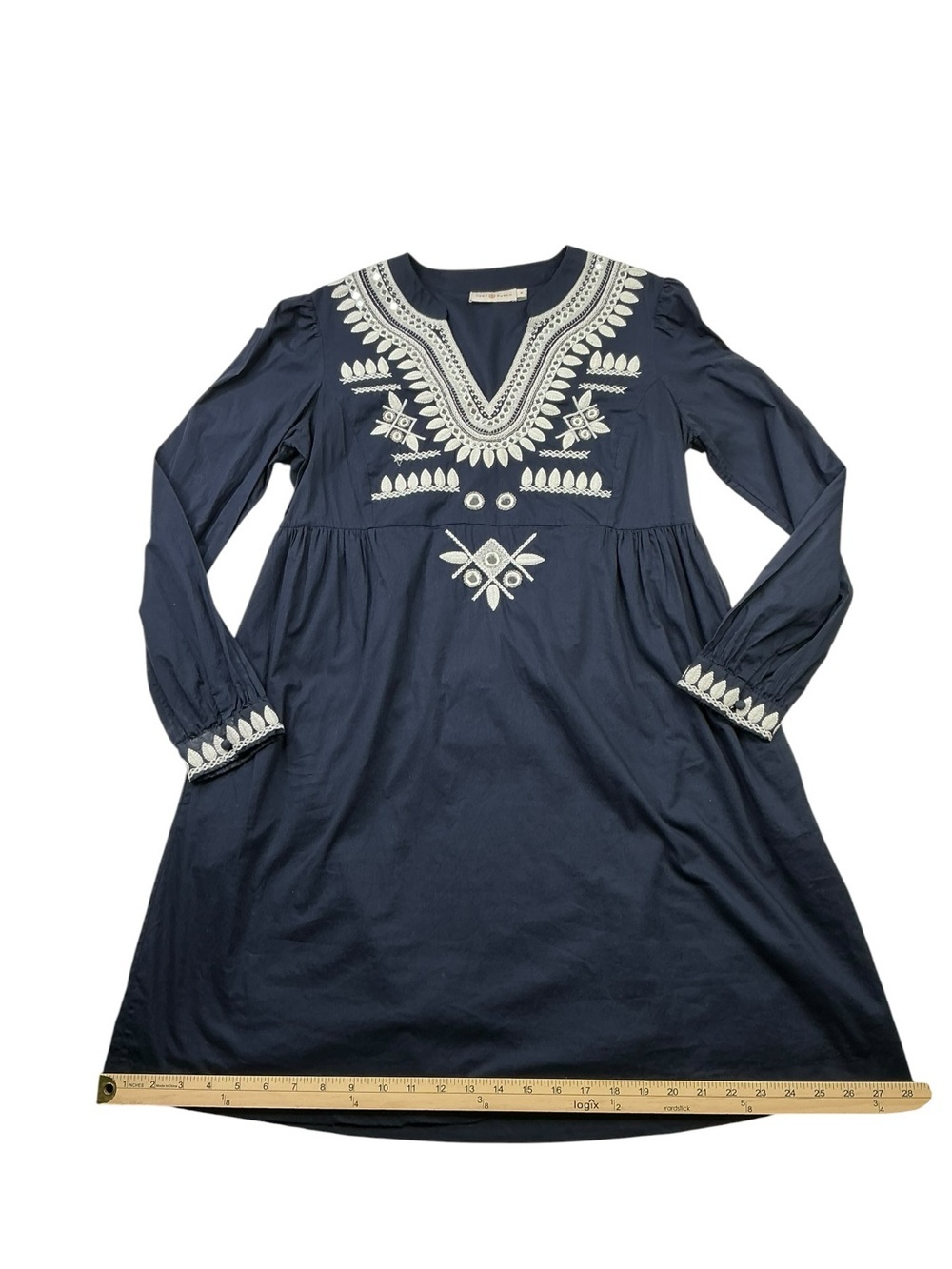 Tory Burch Keegan Embroidered Cotton Dress Navy Boho Size 10 - Picture 14 of 16